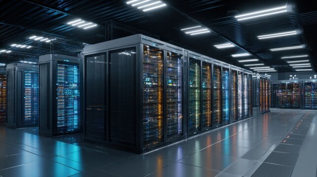 A vast room showcases rows of servers emitting vibrant lights creating a dynamic technology scene. - Powered by Adobe