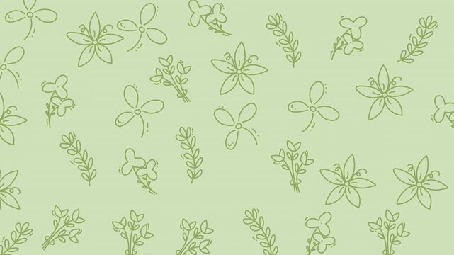Delicate light green dahlia floral pattern background illustration with tiny flowers and clover leaves, perfect for spring or nature themes