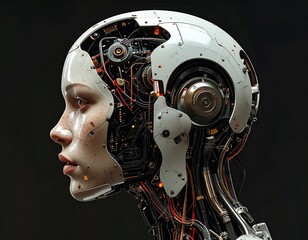 Futuristic Robot Head Profile with Exposed Mechanical Brain and Human Face.