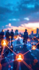 Digital network connecting people across a futuristic city at sunset.