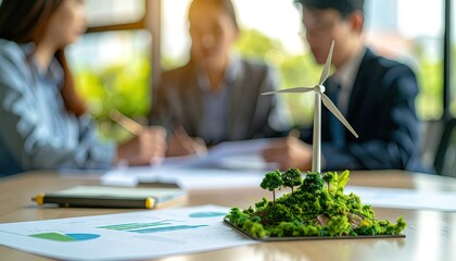 Business meeting discussing renewable energy and wind turbine sustainability.