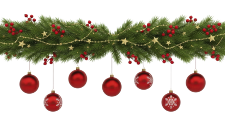 Christmas garland with red berries, golden stars, red baubles and snowflakes, transparent background PNG image