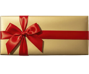 Golden gift box with red satin bow on a transparent background, PNG image. Rectangular present package wrapped in shiny metallic paper, tied with a festive ribbon, PNG file.