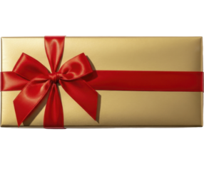 Golden gift box with red satin bow on a transparent background, PNG image. Rectangular present package wrapped in shiny metallic paper, tied with a festive ribbon, PNG file.