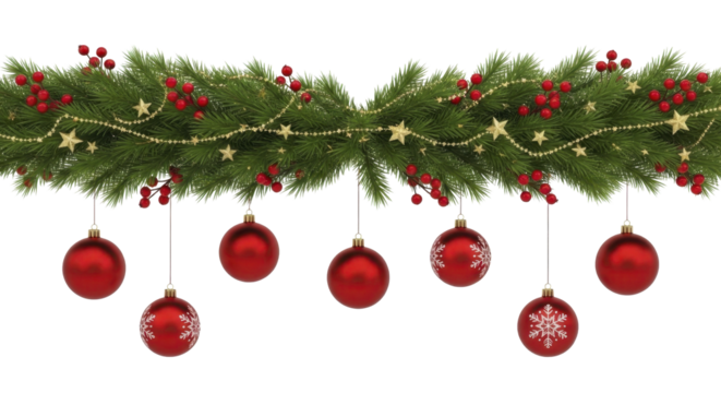 Christmas garland with red berries, golden stars, red baubles and snowflakes, transparent background PNG image