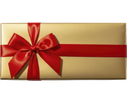 Golden gift box with red satin bow on a transparent background, PNG image. Rectangular present package wrapped in shiny metallic paper, tied with a festive ribbon, PNG file.