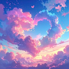 Beautiful Sky with Heart Shaped Clouds at Sunset.