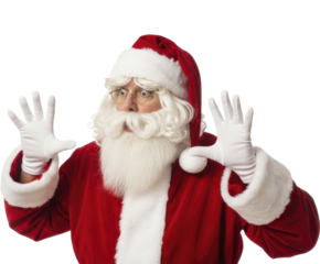  Surprised Santa Claus raising hands in white gloves on a transparent background PNG file