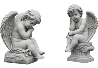 Two marble cherubs with wings, statues in peaceful and thoughtful poses, on a transparent background, PNG image, PNG file