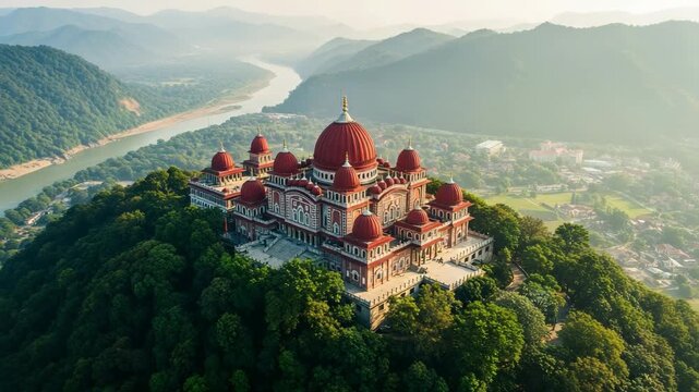 The temple of vedic planetarium, a magnificent architectural marvel nestled amidst lush greenery and rolling hills in mayapur, india