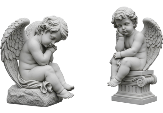 Two marble cherubs with wings, statues in peaceful and thoughtful poses, on a transparent background, PNG image, PNG file
