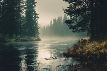 Mystical river scene with fog swirling through the evergreen trees, perfect for conveying peace, nature, and the beauty of the Scandinavian wilderness