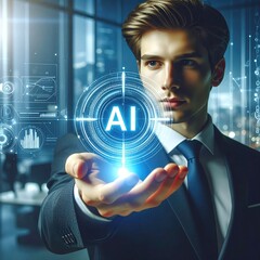 Businessman displays glowing AI hologram in modern office symbolizing innovation.