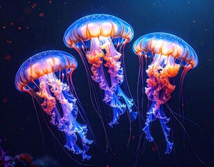 Three vibrant bioluminescent jellyfish gracefully floating in dark ocean depths with flowing tentacles.
