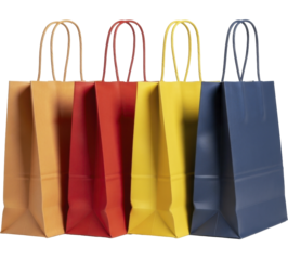 Four multicolored paper shopping bags with twisted handles, PNG file on a transparent background