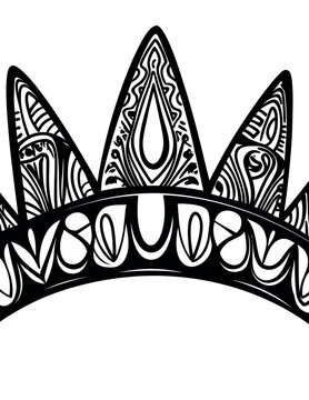 Vetor de coroa ornamentada com padr&otilde;es intrincados em preto e branco, estilo doodle.