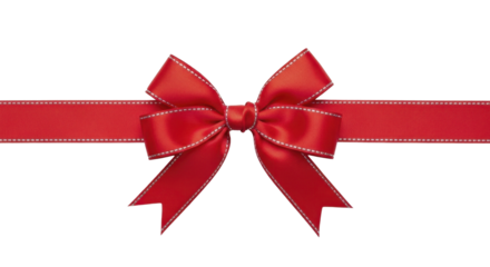  Vibrant Red Satin Gift Bow and Ribbon with White Stitching on a Transparent Background PNG File