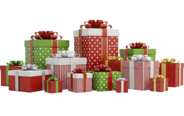 Festive Holiday Gift Boxes Stacked, Red and Green Presents with Ribbons on a Transparent Background, Celebration Gifting PNG image, Presents Collection PNG file