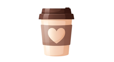 Cute cartoon coffee cup with heart design on transparent background