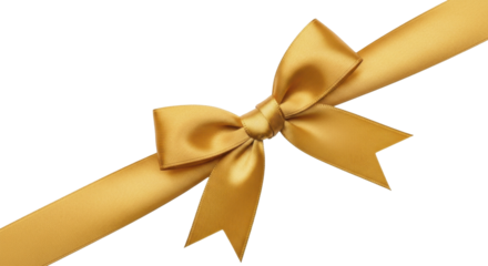  Golden satin ribbon bow with flowing ends on a transparent background PNG file for festive decoration.