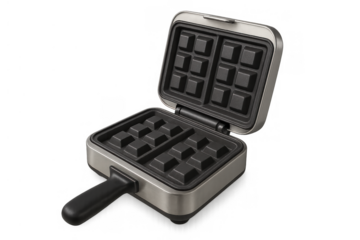 Waffle maker opening with non-stick cooking plates, preparing breakfast or brunch pastries, transparent background