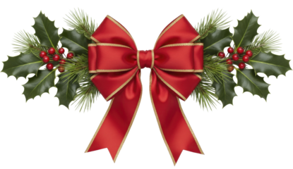 Red Christmas bow with golden trim, festive holly branches, red berries, and pine needles on a transparent background, PNG image, PNG file