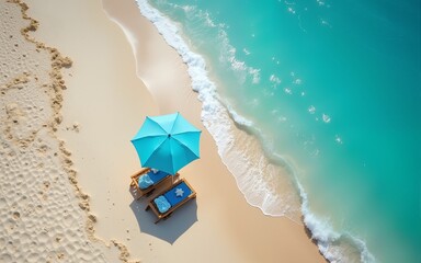 Naklejka premium Top view of beach chairs and umbrella for summer vacation concept. High quality