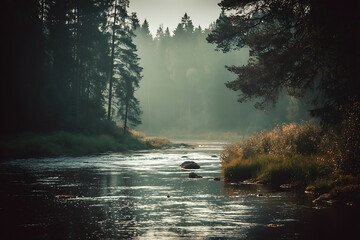 Tranquil river flowing through a misty forest at dawn invites calm contemplation with its serene beauty and peaceful atmosphere for nature lovers