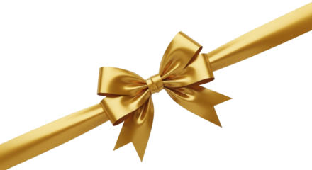  Golden festive satin ribbon bow and diagonal stripe on a transparent background, PNG image