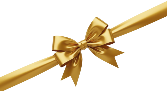  Golden festive satin ribbon bow and diagonal stripe on a transparent background, PNG image