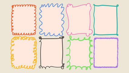 Doodle childish frames set. Colorful wavy shaped frames. Sketch style vector illustration.