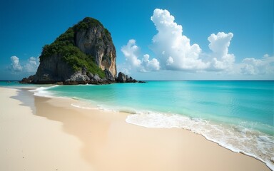 Fototapeta premium Sandy tropical beach with island on background. High quality