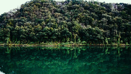 고요한 금강에 반영된 강가의 산과 숲