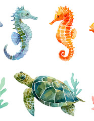 Ilustra&ccedil;&atilde;o em aquarela de cavalos-marinhos e tartaruga marinha nadando em um padr&atilde;o repetitivo sobre fundo branco.