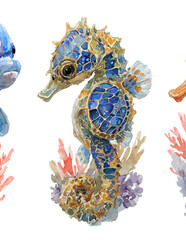 Ilustra&ccedil;&atilde;o aquarela de um cavalo-marinho detalhado com cores vibrantes e corais em um fundo branco.