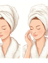 Mulher com toalha na cabe&ccedil;a limpando o rosto com algod&atilde;o em um ritual de beleza