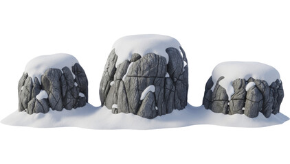  Three textured grey rocks covered with fresh white snow on a transparent background, PNG image