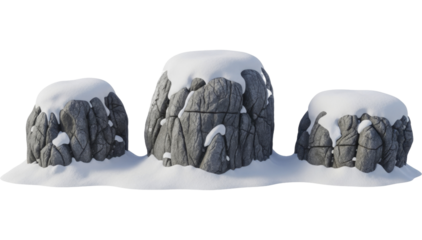  Three textured grey rocks covered with fresh white snow on a transparent background, PNG image