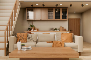 Wooden table and sofa couch across kitchen and dining room aside staircase in modern house apartment