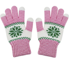 Pink and white knitted winter gloves with green snowflake fair isle pattern on a transparent background PNG image