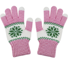 Pink and white knitted winter gloves with green snowflake fair isle pattern on a transparent background PNG image