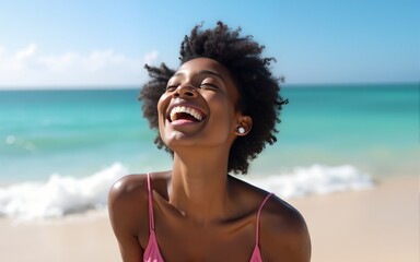 Beach, summer and portrait of black woman with smile on holiday, vacation and weekend by ocean. Travelling lifestyle, nature and happy girl laugh, relaxing and enjoying adventure, freedom and fun