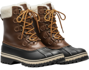  Pair of brown leather and rubber winter boots with faux fur lining and rugged soles, ideal for cold weather, on a transparent background, PNG image, PNG file
