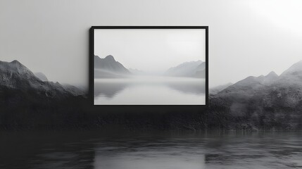 Breathtaking misty mountainous landscape reflected in the calm serene waters of a remote alpine lake creating a tranquil meditative atmosphere of natural beauty and solitude