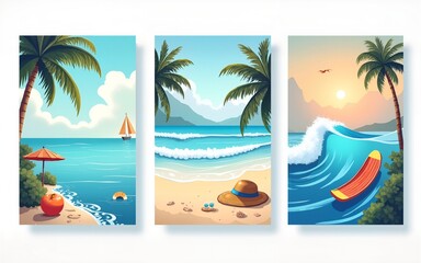 Obraz premium Set of summer travel fliers with beach items and wave. Vector illustration. High quality