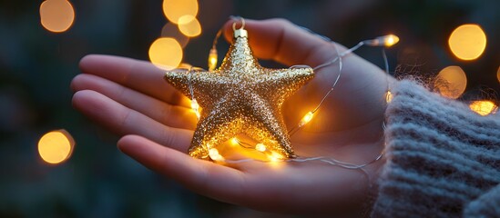 Golden star in a hand, bokeh background