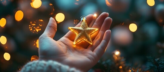 Golden star in a hand, bokeh background