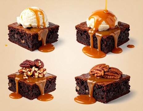 Four brownies, caramel drizzled, topped with ice cream and nuts, neutral background - Powered by Adobe