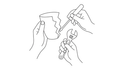 Hands Repairing Torn Paper With Tools Outline ripped