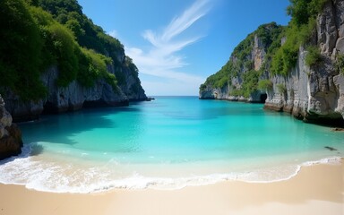 Fototapeta premium Secluded cove beach, turquoise water, summer vacation. High quality